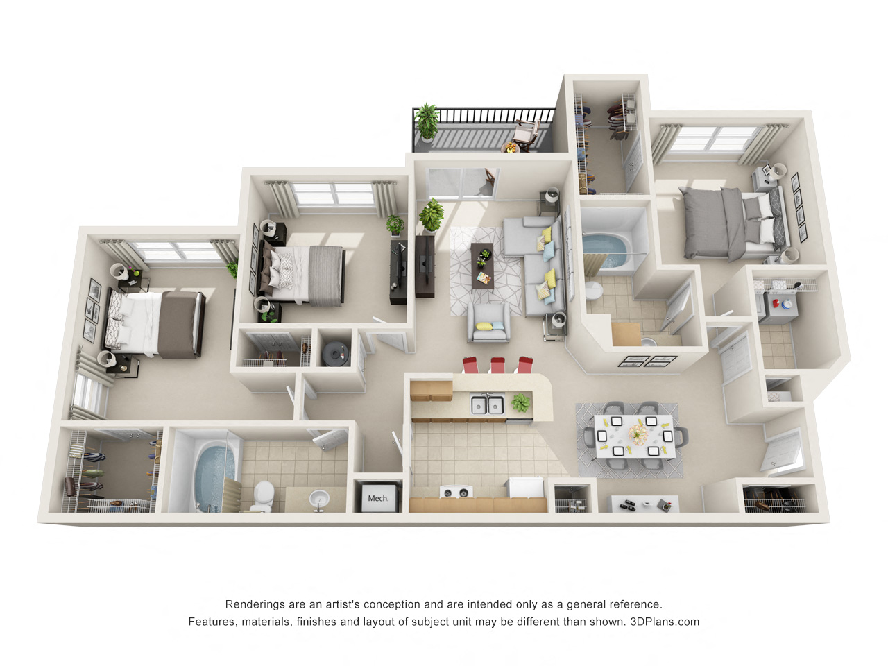Floor plan for 3 beds, 2 baths, 1406 sqft